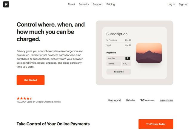 How to pay anonymously online A screenshot of the front page at privacy.com